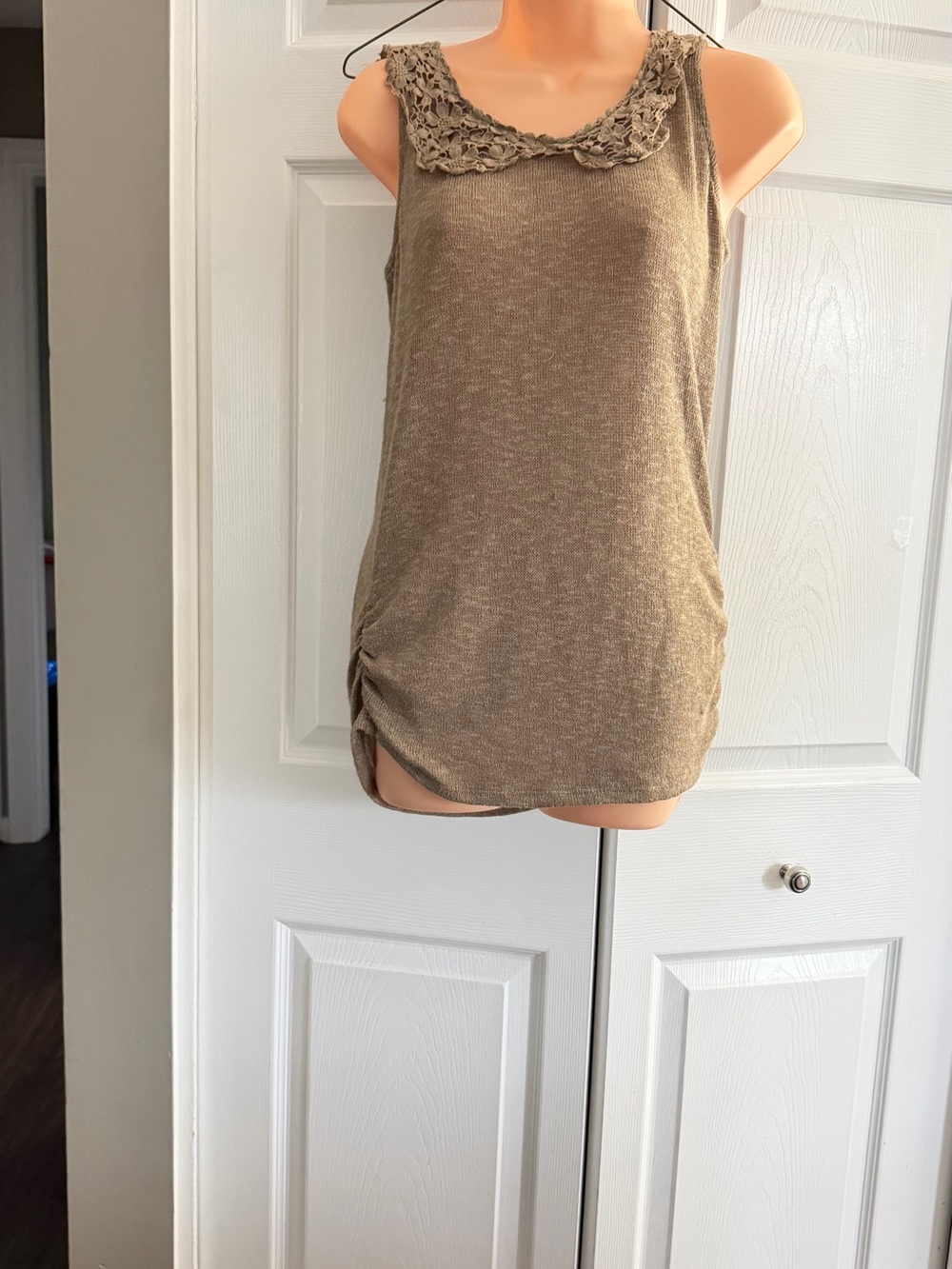 Olivia Moon Taupe Knit Tank with Crochet Collar